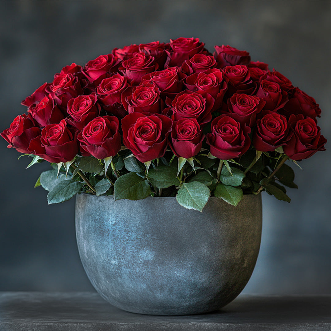 Elegant red rose bouquet in matte cement bowl – premium flower arrangement for Mother's Day, Valentine's Day, romantic gifts, or luxury home decor centerpiece