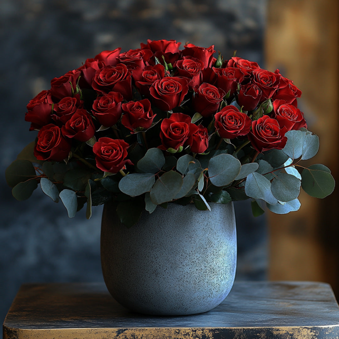 A stunning bouquet of rich red roses elegantly arranged in a textured gray vase, surrounded by soft eucalyptus leaves, creating a beautiful and romantic floral arrangement for any special occasion.
