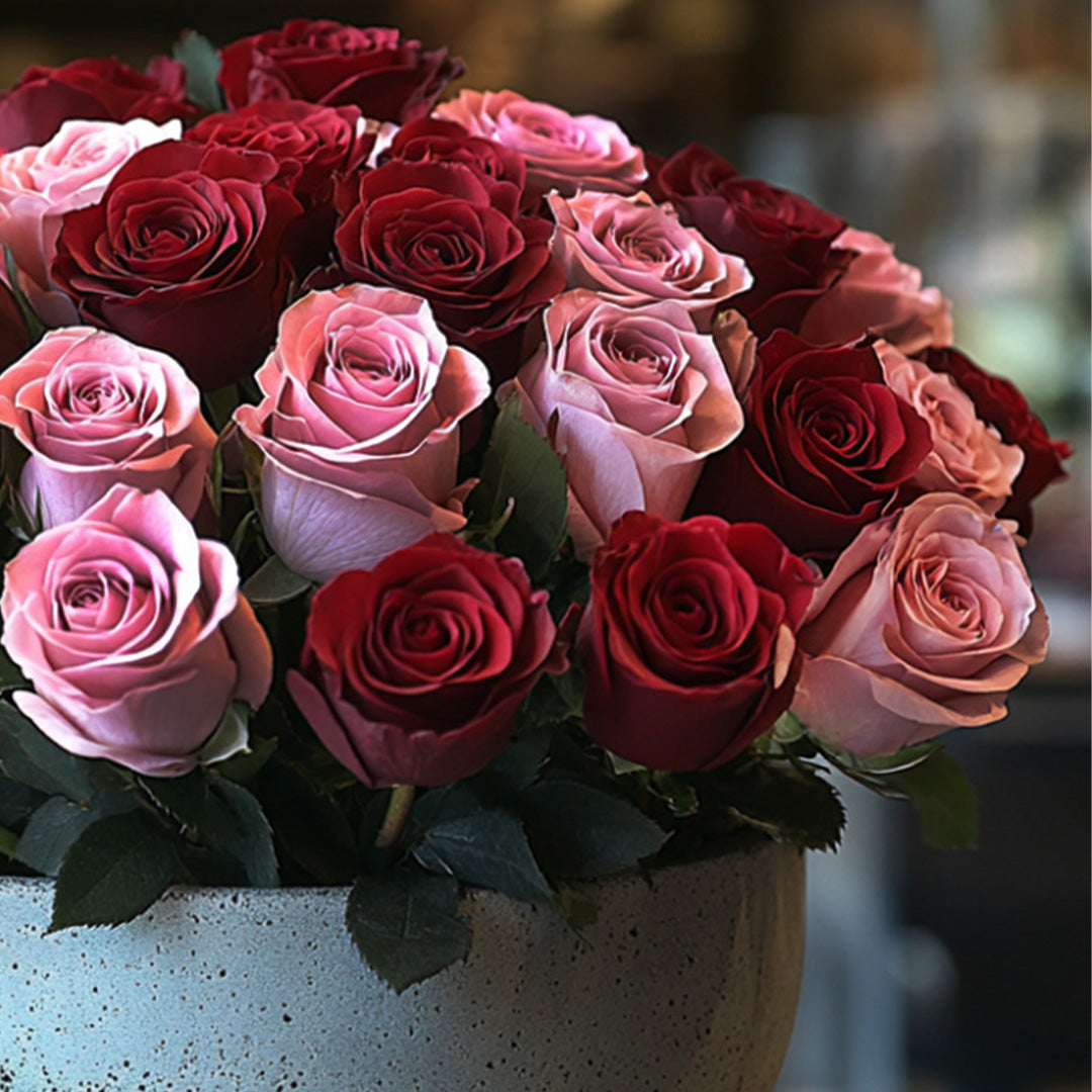 A close-up view of a floral arrangement featuring red, pink, and light pink roses, arranged in a beige textured vase, with greenery accents.