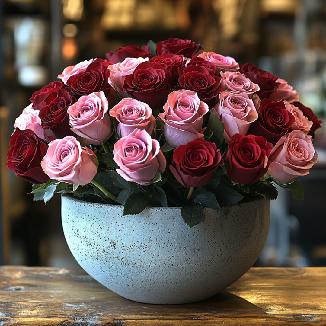 A beautiful bouquet of vibrant red and soft pink roses arranged in a simple yet elegant white speckled ceramic vase, showcasing a harmonious blend of colors and lush green leaves