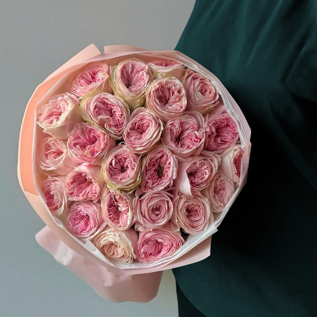 Round bouquet of blush pink garden roses in pastel wrap – romantic flower arrangement for delivery in Valley Village, Silver Lake, Toluca Lake, and Burbank by Flowers Lounge by Iness