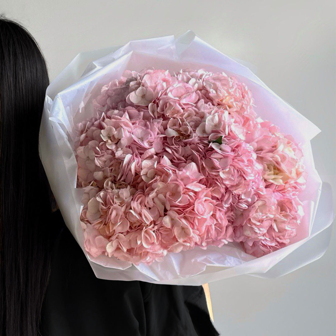 A delicate bouquet of soft pink hydrangeas wrapped in white paper, creating a luxurious and romantic floral arrangement, perfect for special moments or as a beautiful gift.
