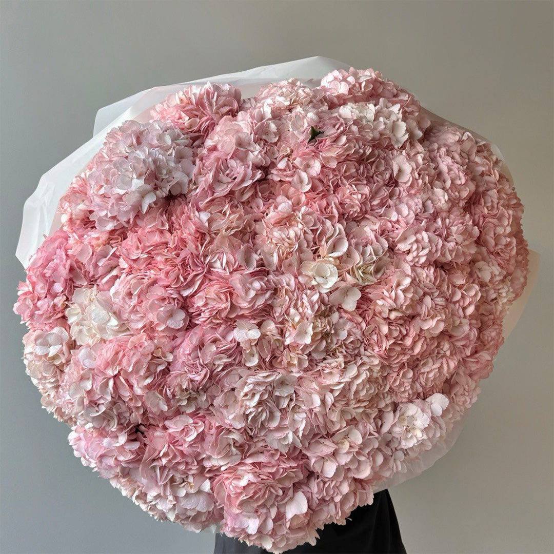 A round, beautiful bouquet of soft pink hydrangeas wrapped in white paper, with a voluminous and delicate appearance, perfect for romantic occasions or celebrations.