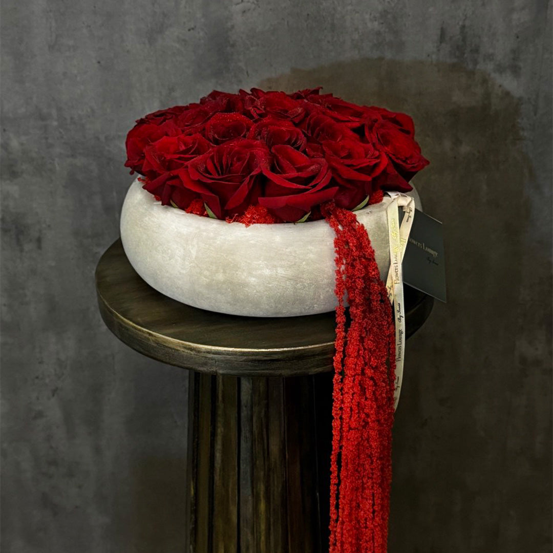 Modern red rose arrangement in white ceramic bowl with cascading accents – perfect for romantic gifts, luxury decor, and Mother's Day flowers