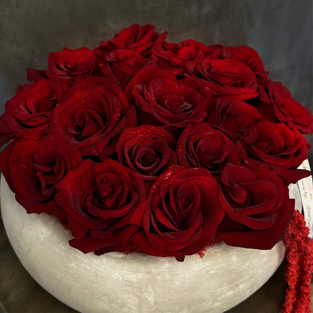 Elegant deep red rose arrangement in white stone bowl – romantic centerpiece for weddings, Valentine's Day, or luxury home décor