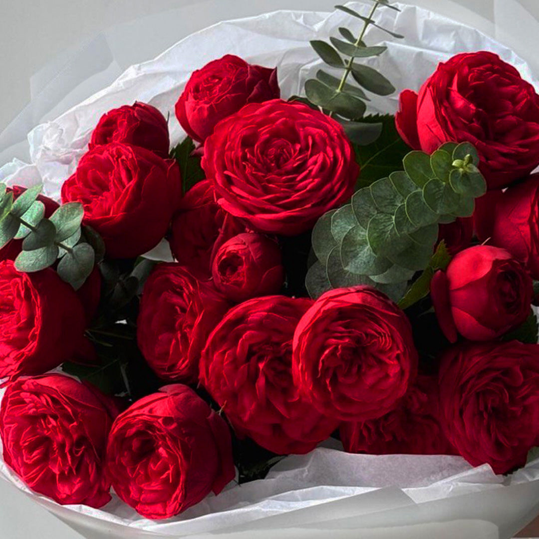 Bouquet of rich red garden roses with eucalyptus, wrapped in white paper — romantic floral arrangement by Flowers Lounge by Iness