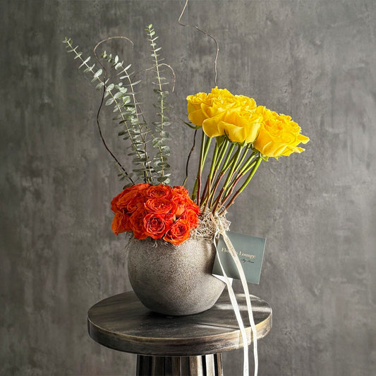 Sunset Split – Yellow & Orange Rose Vase