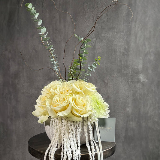 White rose and chrysanthemum arrangement in modern cement vase , flowers for birthday , valentines day , thanks giving - same day flower delivery LA